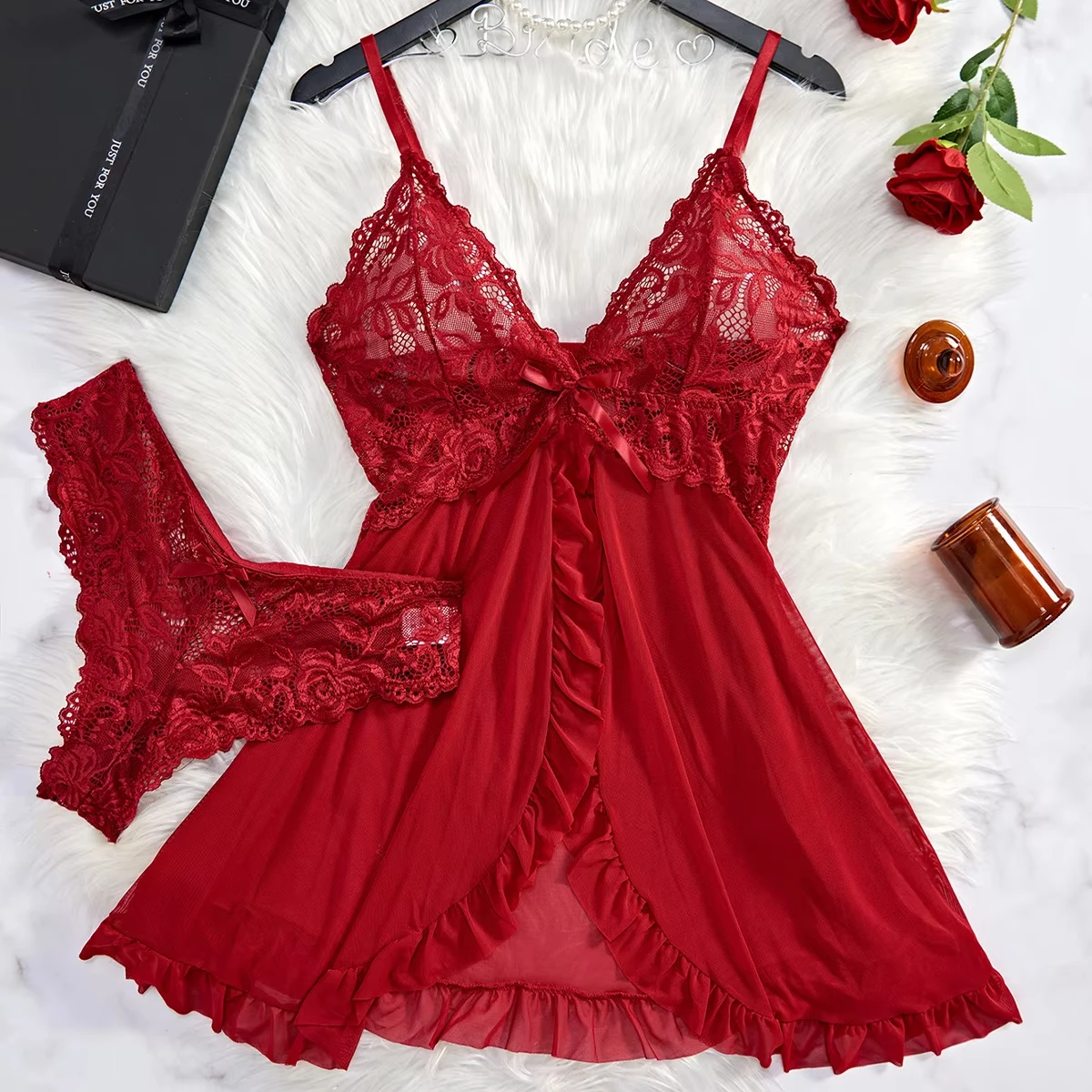 2 Pcs Set Lace Nightgown Women - đánh giá và giá Sheer Bra Lace